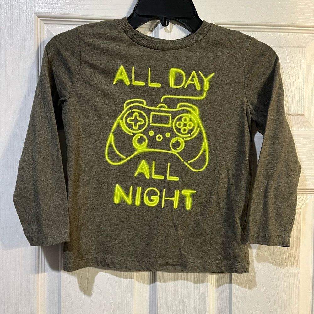 Old Navy Kids Long Sleeve Shirt - Olive with Neon Yellow Graphic